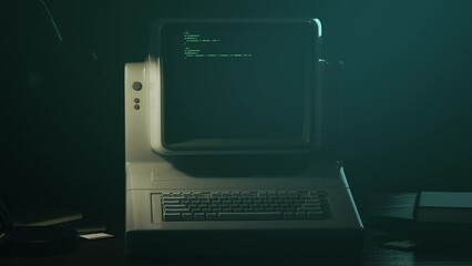 Old personal computer or PC with source code running on screen, display. Dynamic noise, glitch effects. Table lamp light blinking. Retro style composition. Vintage 70s, 80s monitor 3D Render animation