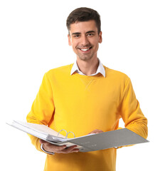 Poster - Young man with open folder on white background