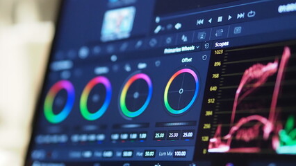 Color grading graph or RGB colour correction indicator on monitor in post production process. Telecine stage in video or film production processing. for colorist edit or adjust color on digital movie.