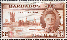 Barbados - Circa 1946: A Postage Stamp From Barbados, Showing The Portrait Of King George VI And Houses Of Parliament, London
