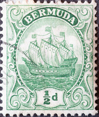 Wall Mural - Bermuda - circa 1910 : a postage stamp from Bermuda, showing a historical  Sailing ship 