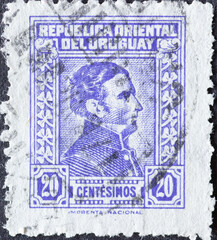 Wall Mural - Uruguay - circa 1949 : a postage stamp from Uruguay shows a.Portrait of General Artigas