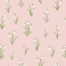 Snowdrops Flower On Pink Background Hand Drawn Vector Seamless Pattern. Vintage Romantic Spring Garden Bloom Background. Retro Floral Print For Easter Spring Design