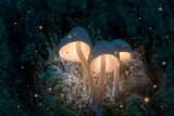 Fototapeta Las - Glowing magic mushrooms on tree in dark forest with fireflies