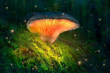 Wall Mural - Magical forest and glowing mushrooms with fireflies in dark forest