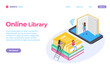 © Frogella.stock - Online library isometric 3d style web landing page. Vector library web online, internet digital knowledge, book for study illustration