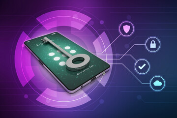 Poster - Smartphone key security concept. 3D illustration
