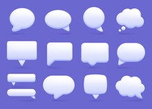 3d White Speech Bubble, Social Media Chat Message Icon. Empty Text Bubbles In Various Shapes, Comment, Dialogue Balloon Vector Set. Thought Clouds Of Different Shape As Rectangle, Ellipse