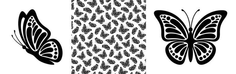 Modern seamless pattern of monarch butterfly shapes on white background for decoration design. Closeup design element black butterfly. Side view vector icon