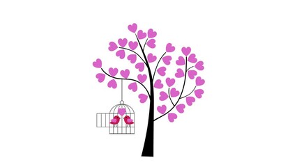 Poster - happy valentines day birds with hearts tree and birdcage