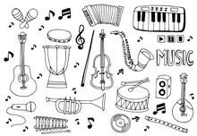 Set Of Hand Drawn Musical Instruments In Doodles Style.