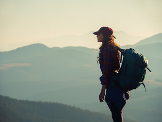 Silhouette of hiker woman with backpack relaxing on top of a mountain and enjoying the valley view. Concept of tourism and travel