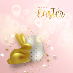 Wall Mural - Happy Easter gold rabbit egg 3d greeting card