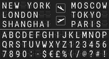 Realistic Airport Mechanical Scoreboard Font With Special Symbols. Departures And Arrivals Flight Signs. 3D Realistic Vector Illustration.