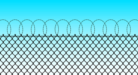 Chain link fence with spiral barbed wire silhouette on the blue sky background. Wire mesh, steel metal prison or restricted area barrier. Flat vector illustration.