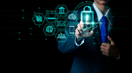 Cybersecurity network, key icon and networking, internet technology. Businessman protecting personal data on virtual interface, data protection privacy concept.
