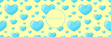 Blue Hearts Seamless Pixel Art Background. Lovely Repeat Pattern Backdrop For Valentine Day. Funny Fancy Design For Web Banner, Texture, Decoration. 90s 8 Bit Game Mosaic Style. Vector.

