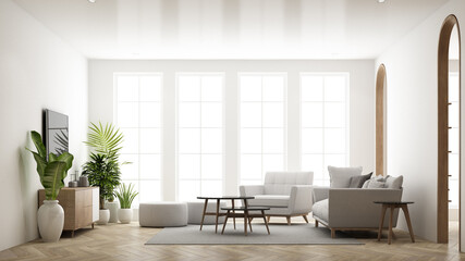Poster - Interior design in vintage minimalist style in the living room area. using wood material and light gray cloth on parquet floor and arched walkways in an apartment with large windows 3d render