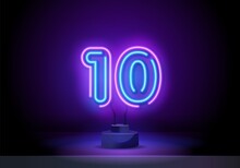 Neon Blue Number 10 On Black Background. Serial Number, Price, Place. Number Ten Symbol Neon Sign Vector. Tenth Number One Template Neon Icon, Light Banner, Neon Signboard. Vector Illustration