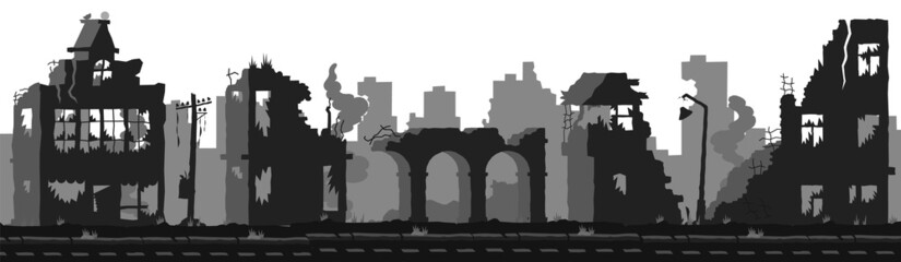 Ruined city silhouette. Black apocalyptic city skyline with destroyed and dilapidated buildings. Vector illustration