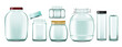 Glass jar. Realistic transparent container for food and drinks with cap. Vector empty jars set