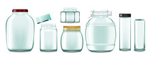 Glass Jar. Realistic Transparent Container For Food And Drinks With Cap. Vector Empty Jars Set