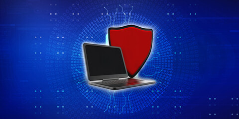 Poster - laptop with shield. Isolated 3d rendering image