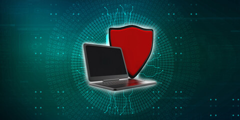 Poster - laptop with shield. Isolated 3d rendering image