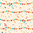 Colorful bunting and falling confetti on beige background, seamless carnival pattern. Vector illustration. Carnaval print ornament, streamers and hanging flag garlands