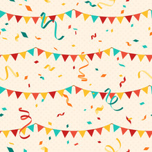 Colorful Bunting And Falling Confetti On Beige Background, Seamless Carnival Pattern. Vector Illustration. Carnaval Print Ornament, Streamers And Hanging Flag Garlands