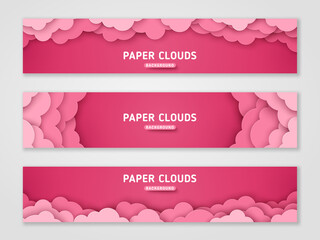 Pink romantic clouds, paper cut horizontal banners set. Cloudy rose sky, vector illustration. Cloudscape border frame. Place for text. Happy Valentine's day header, dream fantasy paperart