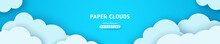 Beautiful Fluffy Clouds On Blue Sky Background. Vector Illustration. Paper Cut Style. Place For Text. Summer Day Paperart Long Banner Header. Spring Morning Cloudy Concept
