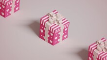 Cute Jumping Present Boxes, Paper Bows Dynamic Animation. Bright Pink, White Colored Gifts With Heart Shapes, Stripes Pattern, White Background. Cartoon Style Festive Video. Celebration 3D Render, 4K