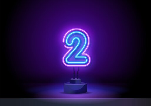 Number two symbol neon sign vector. Neon blue number 2 on black background. Learning numbers, serial number, price, place. Number two template neon icon, light banner, neon signboard.