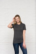 © Boxels - Graphic T-shirt Bella Canvas 3001 CVC Blank Mockup Tee Smiling Woman Model  Dark Grey Heather
