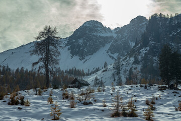 Wall Mural - Trekking day in a snowy autumn in the Dolomiti Friulane, Friuli-Venezia Giulia