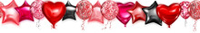 Banner With Flying Colored Helium Balloons In Various Shapes And Colors With Seamless Horizontal Repetition On White Background