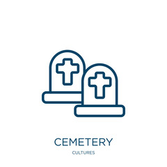 Poster - cemetery icon from cultures collection. Thin linear cemetery, death, grave outline icon isolated on white background. Line vector cemetery sign, symbol for web and mobile