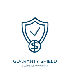 Poster - guaranty shield icon from e commerce and payment collection. Thin linear guaranty shield, shield, guaranty outline icon isolated on white background. Line vector guaranty shield sign, symbol for web