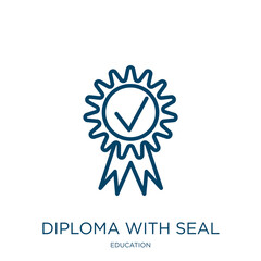 Poster - diploma with seal icon from education collection. Thin linear diploma with seal, diploma, certificate outline icon isolated on white background. Line vector diploma with seal sign, symbol for web and