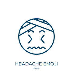 Poster - headache emoji icon from emoji collection. Thin linear headache emoji, emoticon, cartoon outline icon isolated on white background. Line vector headache emoji sign, symbol for web and mobile