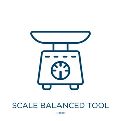 Poster - scale balanced tool icon from food collection. Thin linear scale balanced tool, balance, equipment outline icon isolated on white background. Line vector scale balanced tool sign, symbol for web and