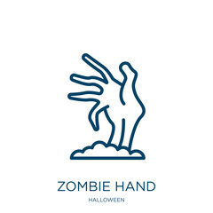 Poster - zombie hand icon from halloween collection. Thin linear zombie hand, zombie, hand outline icon isolated on white background. Line vector zombie hand sign, symbol for web and mobile