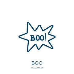 Poster - boo icon from halloween collection. Thin linear boo, character, night outline icon isolated on white background. Line vector boo sign, symbol for web and mobile