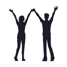Black Silhouette Of A Couple Of A Woman And A Man With Raised Hands On A White Background