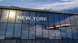 Airplane landing at New York USA airport mirrored in terminal