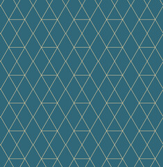  Golden geometric vector seamless patterns. Golden lines, triangles and rhombuses on an emerald green background. Modern illustrations for wallpapers, flyers, covers, banners, minimalistic decorations,