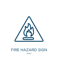 Poster - fire hazard sign icon from signs collection. Thin linear fire hazard sign, danger, hazard outline icon isolated on white background. Line vector fire hazard sign sign, symbol for web and mobile