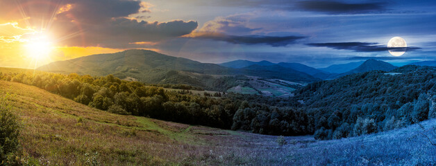 Wall Mural - day and night time change concept above carpathian countryside in september at twilight. beautiful m