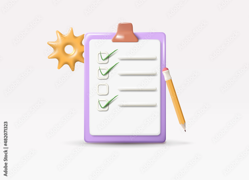 Paper clipboard with pencil and gear in 3d style. Concept vector ...